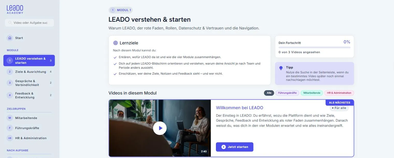 LEADO Academy: Lernmodul mit Lernzielen, Fortschritt und Videos, gefiltert nach Rolle