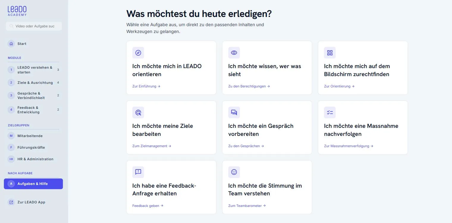 LEADO Academy: Hilfe im Arbeitsmoment mit Aufgaben wie «Ich möchte ein Gespräch vorbereiten»