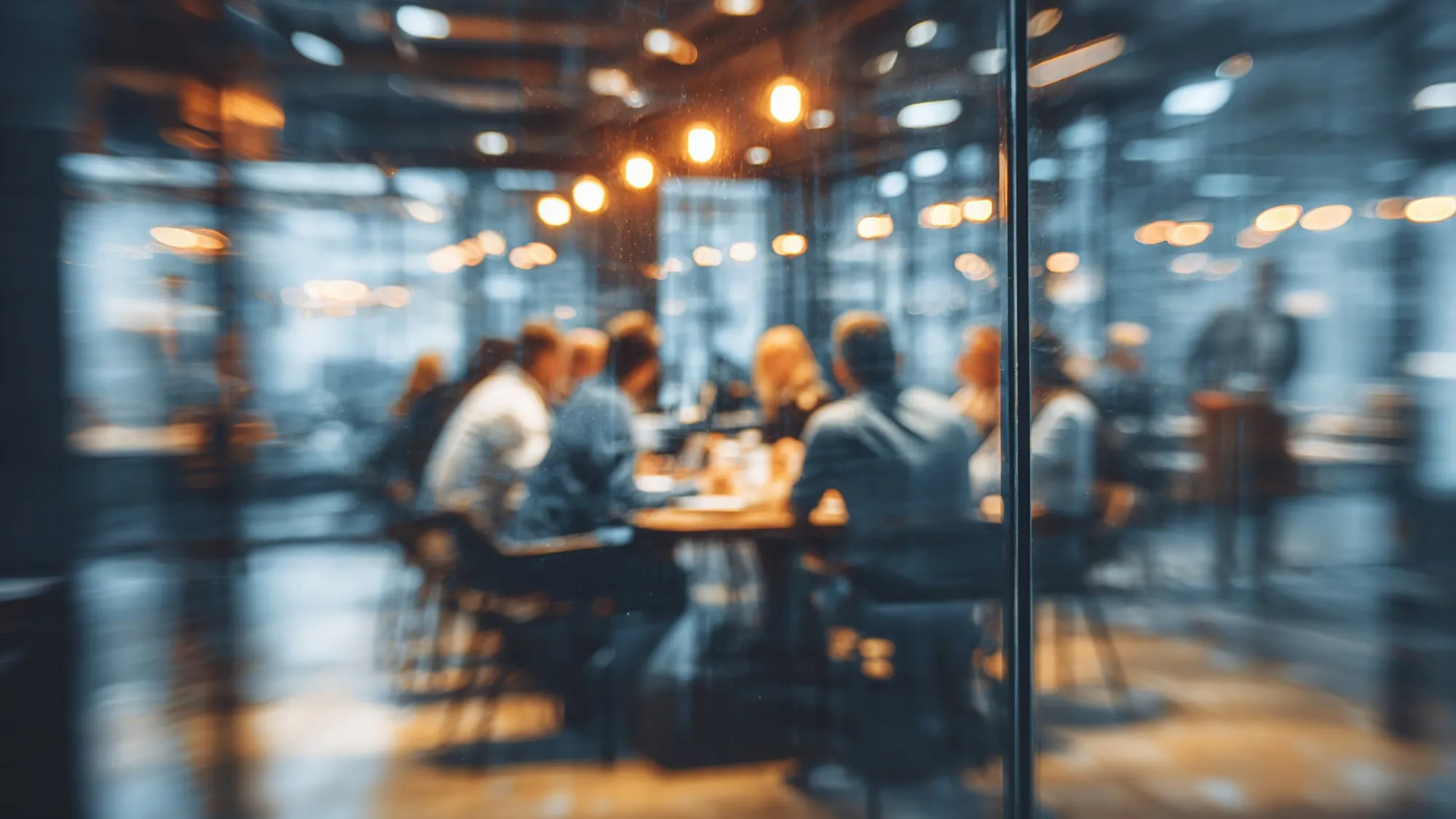 Ein Team im Sitzungszimmer hinter Glas, unscharf, mit warmen Lichtern