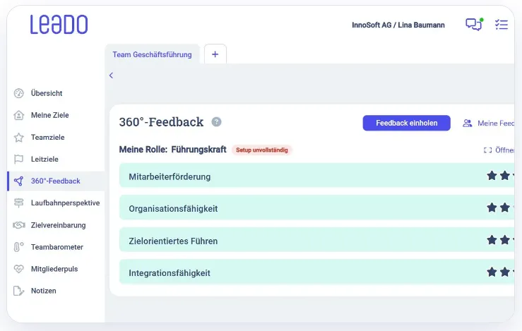 Ansicht 360°-Feedback in LEADO für die Rolle Führungskraft mit vier Kompetenzfeldern