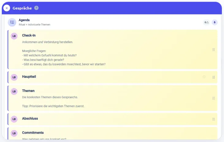 Gesprächsvorlage in LEADO mit der Agenda Check-in, Hauptteil, Themen, Abschluss und Commitments