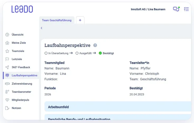 Laufbahnperspektive in LEADO mit Teammitglied, Teamleiter, Periode und dem Status Bestätigt