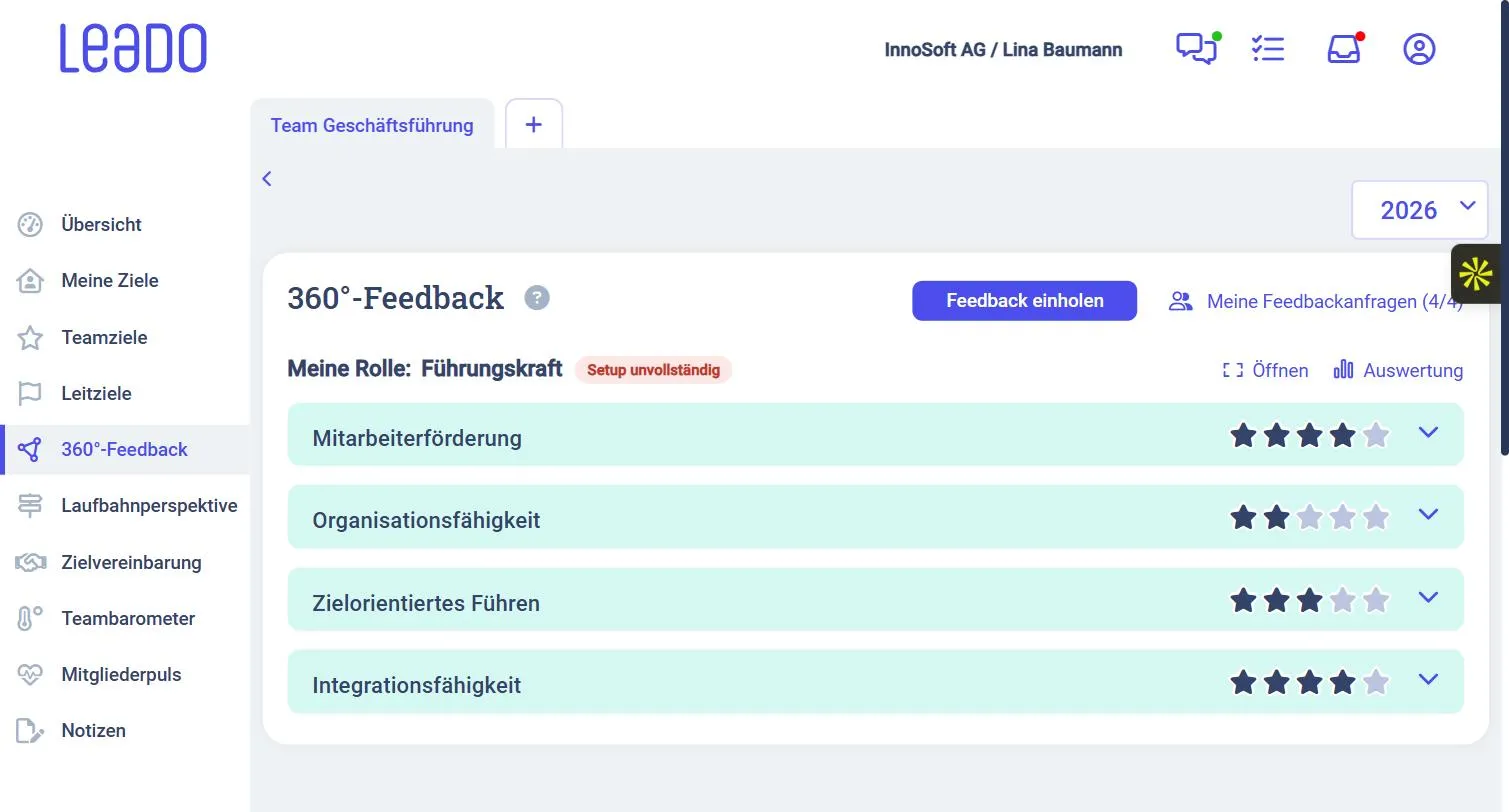 360-Grad-Feedback-Software LEADO: rollenbasierte Bewertung mit Kompetenzfeldern