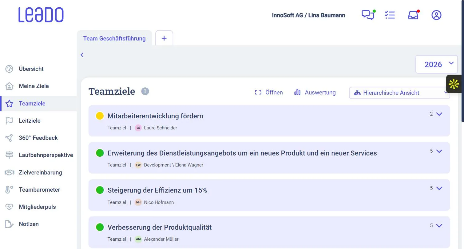 Zielmanagement in LEADO: Teamziele mit Status, Verantwortlichkeiten und Zielhierarchie