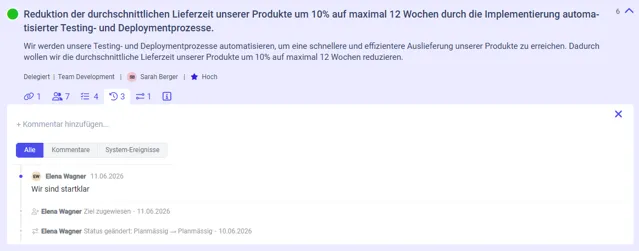 Zielfortschritt in LEADO: messbares Ziel mit Kommentaren und dokumentierten Statusänderungen