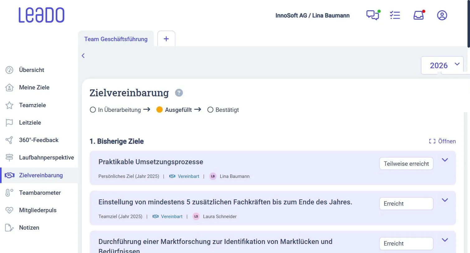 Zielvereinbarungsgespräch in LEADO: bisherige Ziele mit Status, Rückblick und neue Vereinbarungen als Ziele