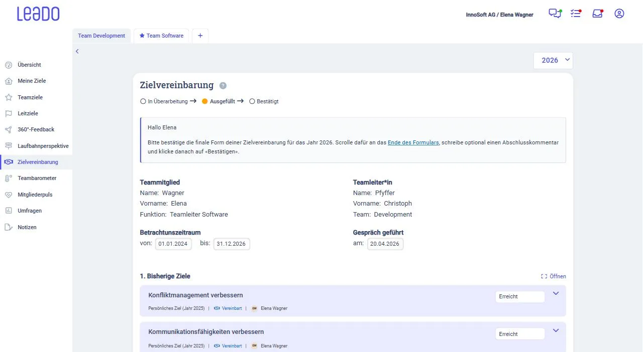 Entwicklungsgespräch in LEADO: Jahresgespräch mit Betrachtungszeitraum, Gesprächsdatum und bisherigen Zielen mit Status